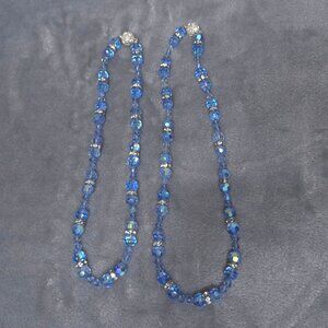Vintage Two Blue Beaded Necklace Rhinestone Accents Elegant Statement Jewelry